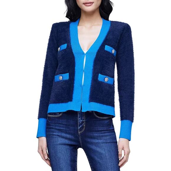 NWT L'Agence Kai Fuzzy Pocket V-Neck Cardigan Size XS Blue Purple #3D512 - Picture 1 of 13